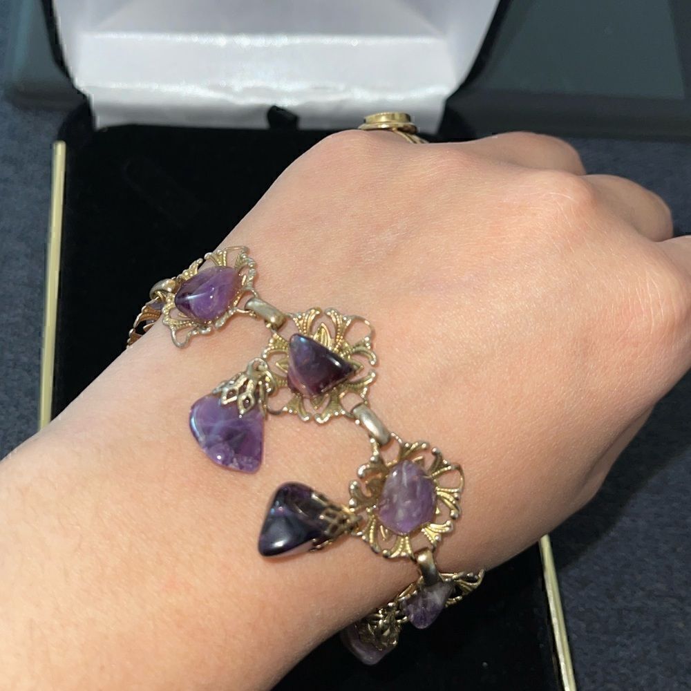 Genuine Amethyst statement gold tone bracelet